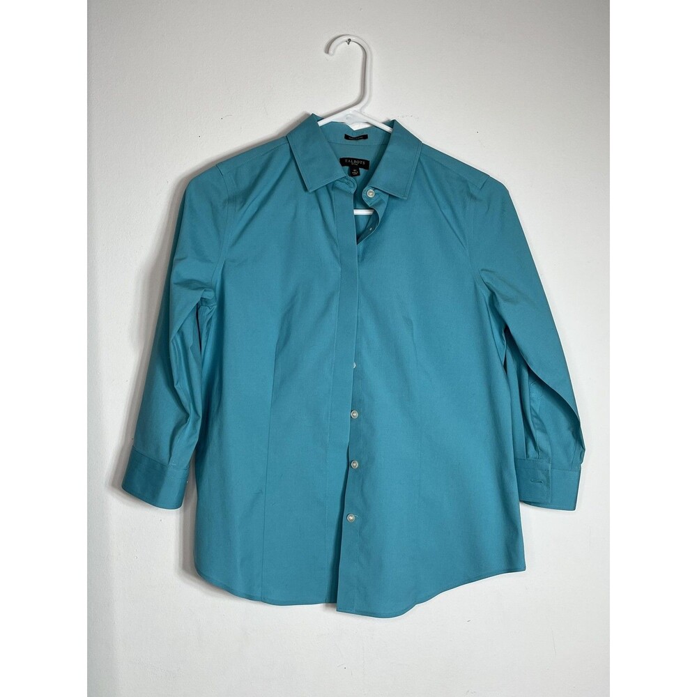 Talbots Women's Petite 2P Blue Wrinkle Resistant Shirt 3/4 Sleeve Button Up